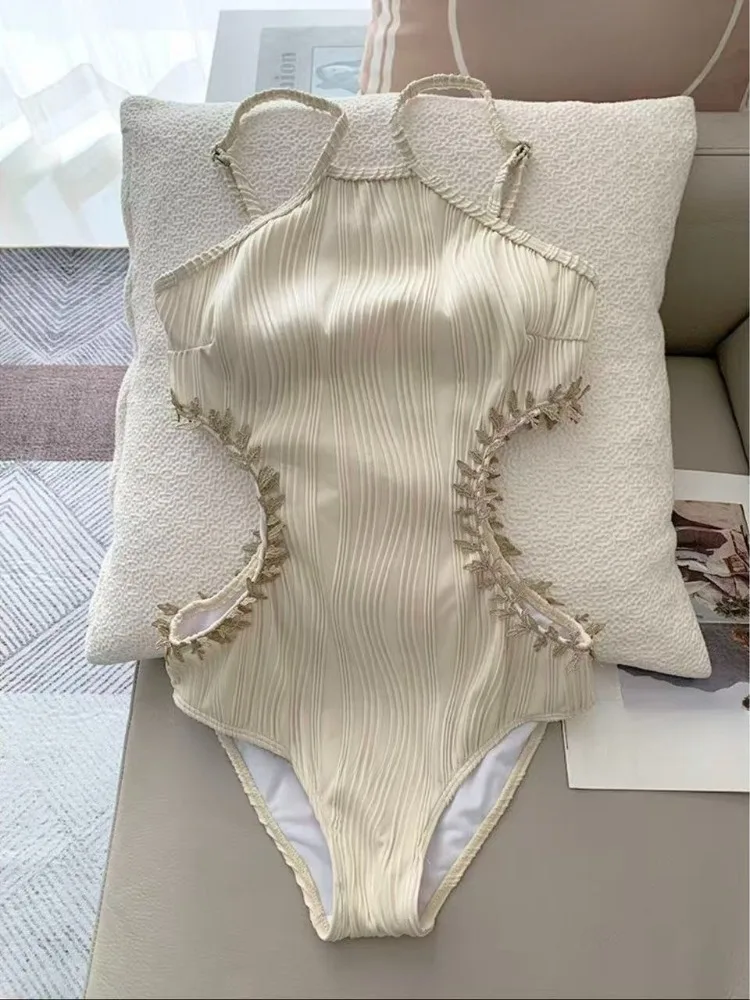 

Trendy One Piece Swimsuit Tie Side Self High Waisted Halter Neck Cut-Out One-Shoulder Ruffles Twist Knot Criss-cross Monokini