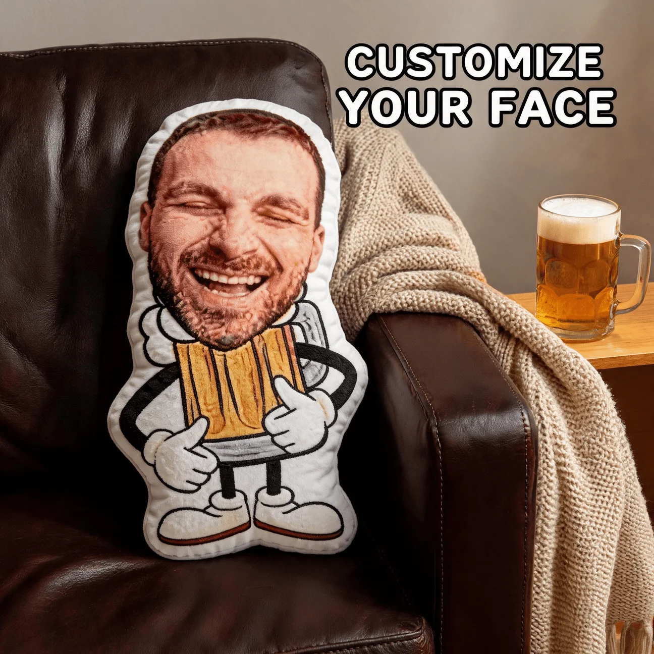 Custom Photo Face-Shaped Pillow, Funny Beer Mug Body Decorative Cushion, Personalized Laughing Portrait Home Decor Accent for So