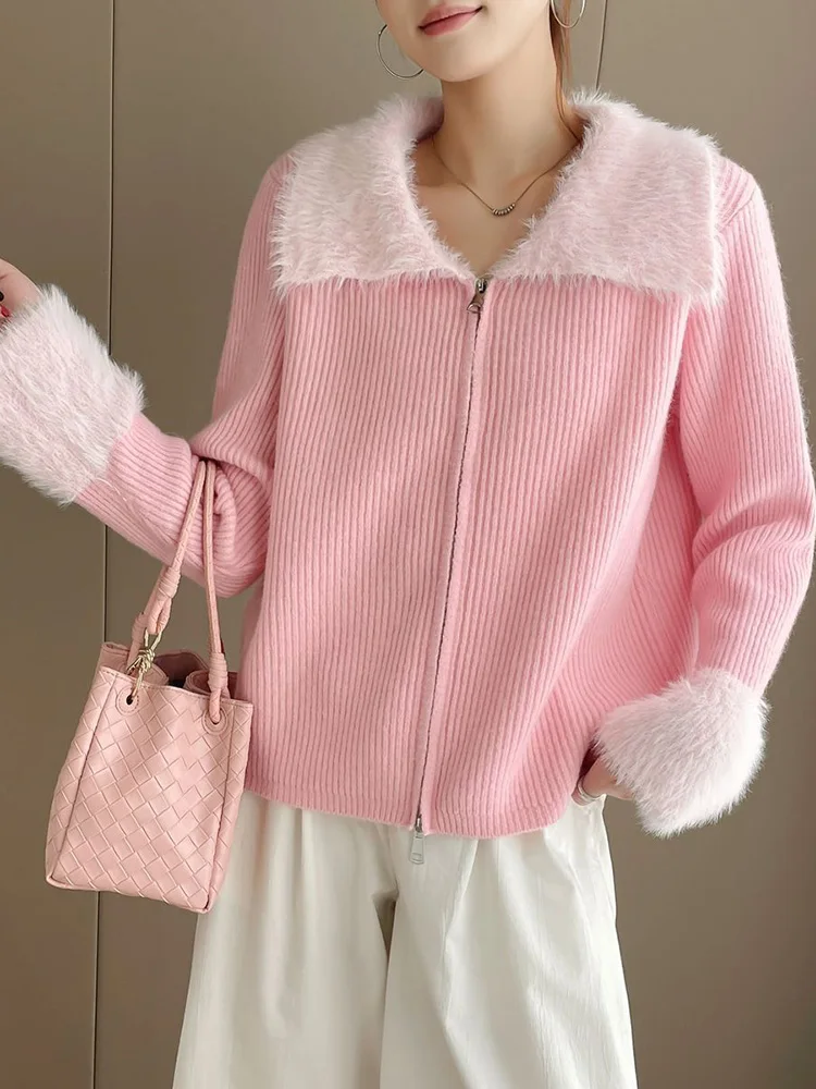 เสื้อสเวตเตอร์ถักแบบมีซิป ปกพับได้ ตัดต่อผ้าถัก สไตล์ลำลองสำหรับผู้หญิง เสื้อคลุมคาร์ดิแกนทรงหลวม แฟชั่นเสื้อถักแขนยาวแบบสั้นและยาว เสื้อกั๊กถัก