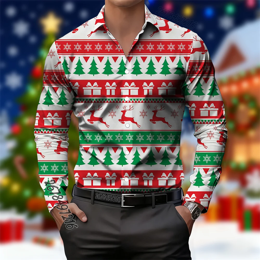 

Men's Christmas-themed all-over print long-sleeved shirt with reindeer and Christmas tree pattern, trendy holiday collar shirt
