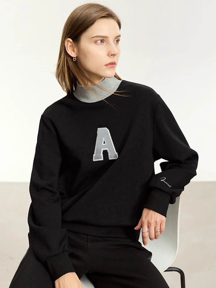 AMII-Sweat à capuche minimaliste en coton pour femme, col haut, lettre brodée, pulls féminins, dame de bureau, automne, nouveau, 2023, 12313005