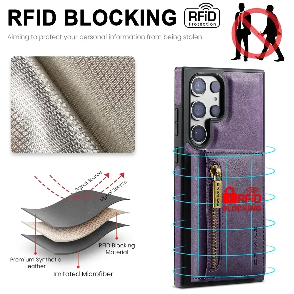 DG.Ming RFID Blocking Retro Flip Leather Case For Samsung Galaxy S25 S24 S22 S23 Ultra S24 FE Wallet Magnetic Cover Detachable