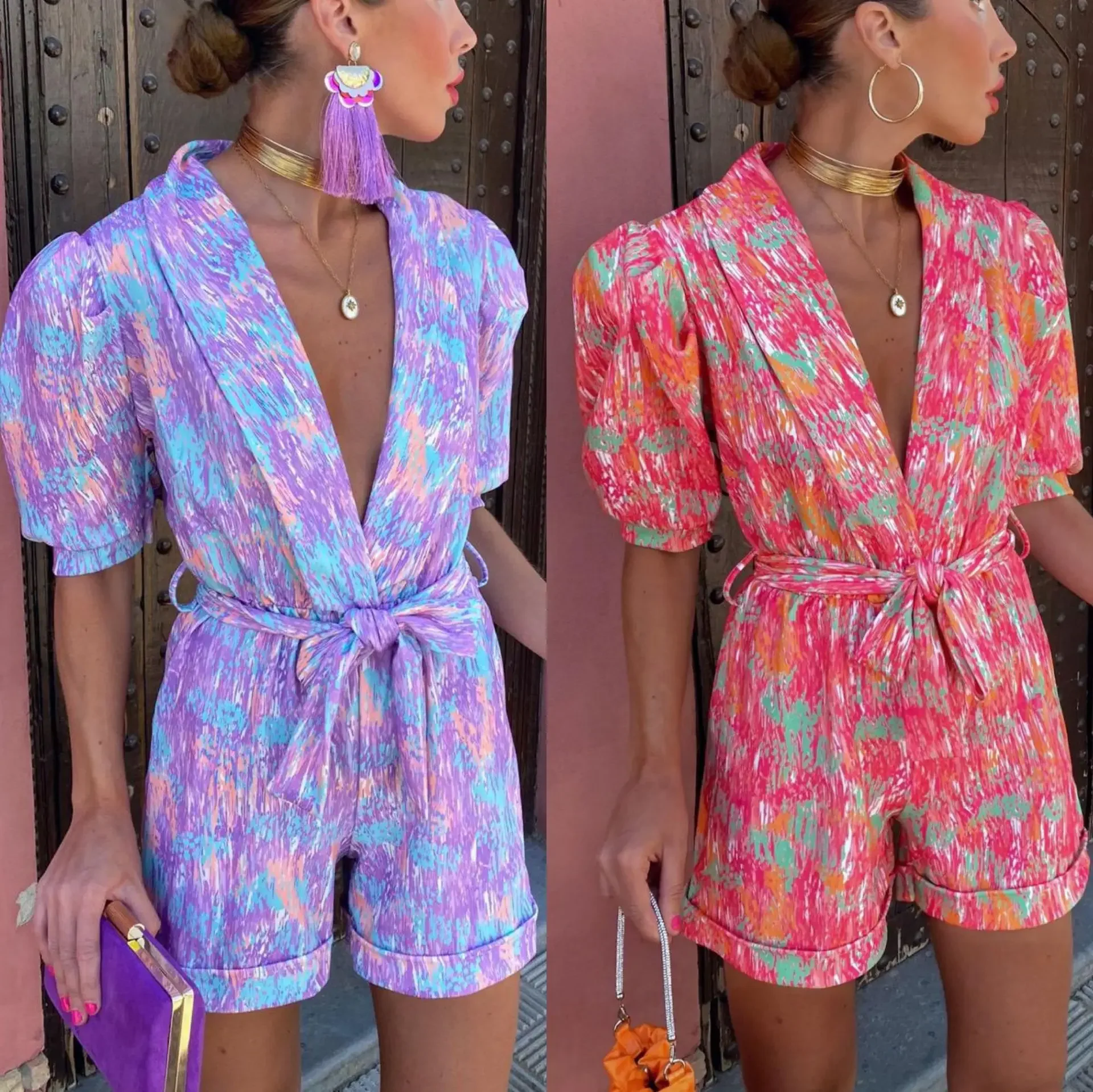 2024 European and American new women's clothing deep V-neck bubble sleeves short sleeves printed belt elastic waist jumpsuit