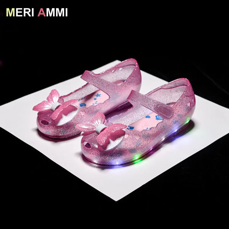 MERI AMM LED Night Butterfly Lighted Jelly Shoes Dancing Stage For Princncess Dress Up Baby Girls Sandals Daily14-20cm