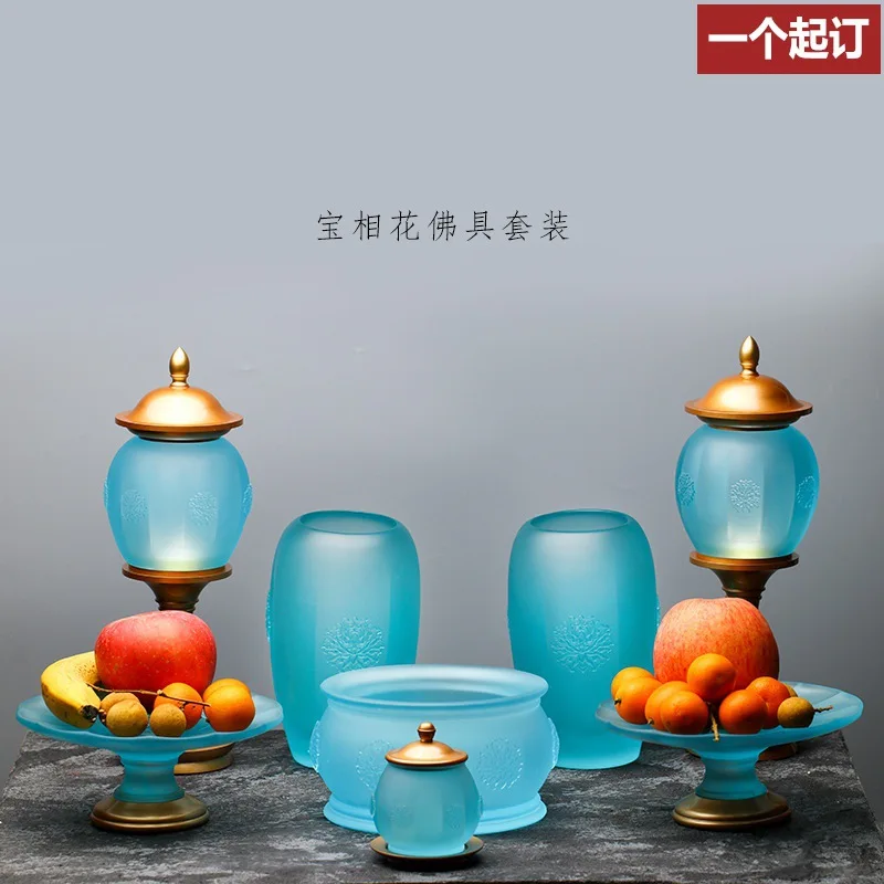 Glass Po-Phase Flowers Buddish Prayer Set Set Incense Burner Household Fruit Plate Holy Grail Buddha Front Lantern Vase