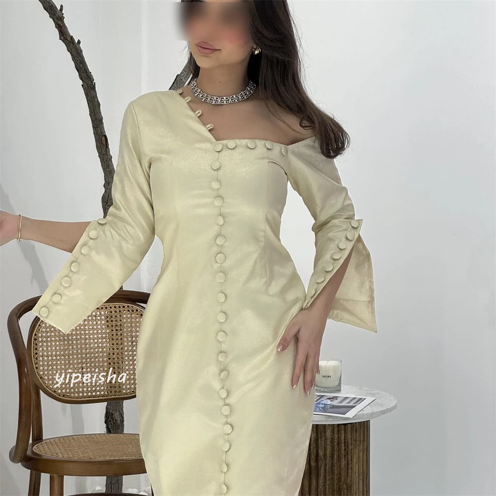 Gaun malam seksi kasual Satin terbungkus kancing lipit selebriti A-line bahu terbuka gaun acara Bespoke gaun Midi