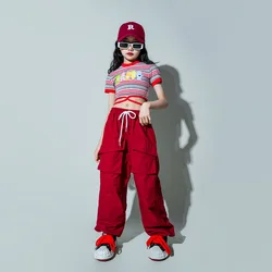 Kid Hip Hop Clothing Cute Stripe Lace up Crop Top T Shirt Wine Red Street Jogger Cargo Pants for Girl Jazz Dance Costume Clothes