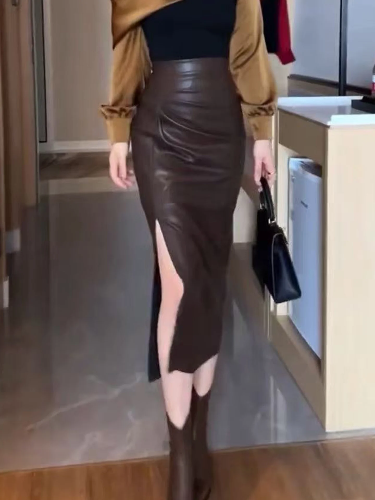 

High Waist Asymmetrical PU Leather Skirt with Side Slit Women's Faion Spring New Sle Step-In Skirt Ele Lady Sle