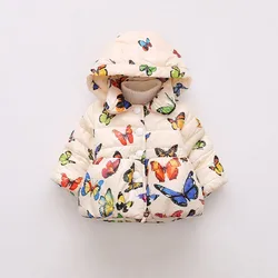 Winter Baby Girls Coat Beautiful Multi-Color Butterfly Print Coat For Girls Baby Long Sleeved Hooded Coat (0-3 Years Old)