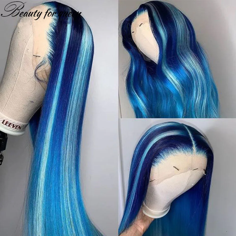 Peluca de cabello humano liso con encaje Frontal para mujer, pelo brasileño Remy, predesplumada, transparente, HD, azul