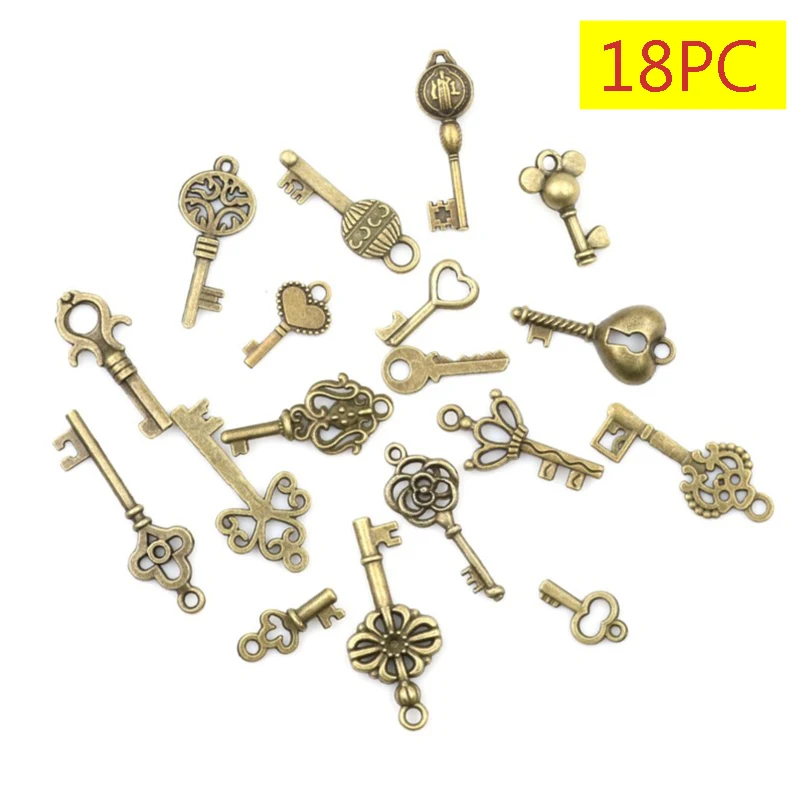 18pcs/sets Ornate Skeleton Keys Antique Vintage Old Look Necklace Pendant Fancy Heart Decor DIY Craft Gifts