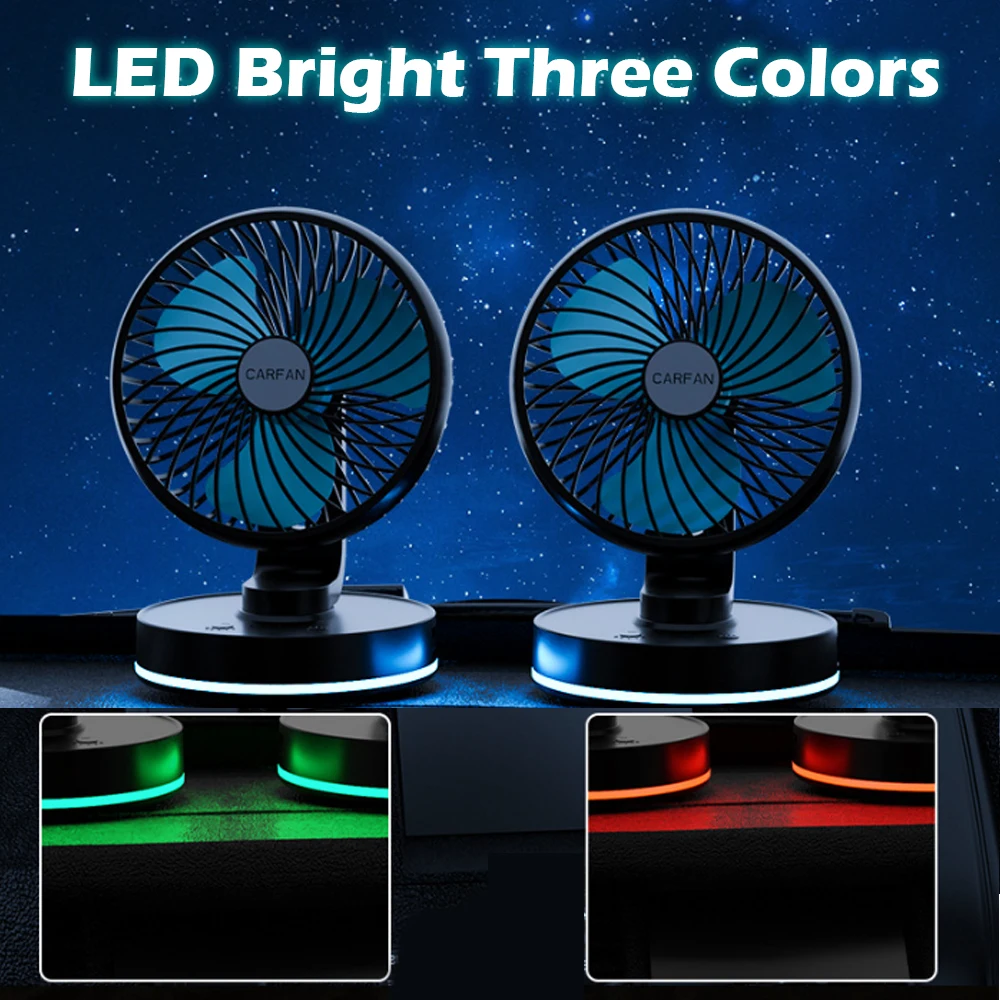 

1x 12/24V Car Electric Fan Dashboard Cooling Fan LED Seven-Color Ambient Light Single Head 4-Speed Adjustable Wind Dual USB Port