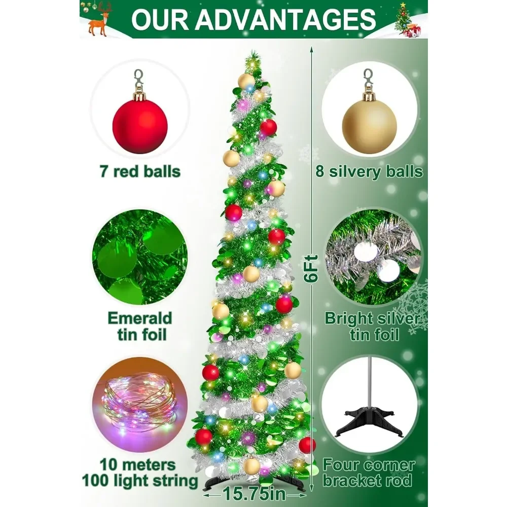 6 Ft Tinsel Christmas Trees - Artificial, Collapsible with Timer, 100 Lights & 15 Balls