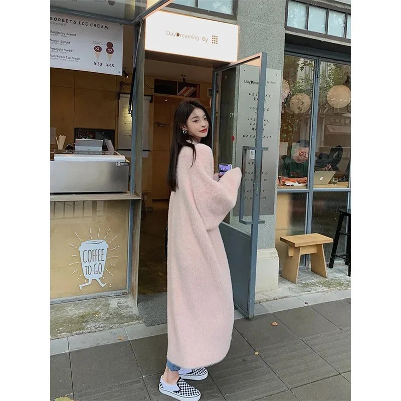 Long Cardigan Jacket Knitted Women 2024 Autumn Winter New Item Gentle Style Loose and Versatile Waterproof Mink fur Milk Sweater