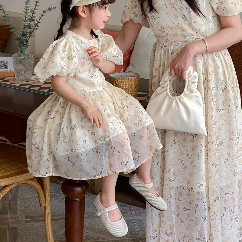 Mom and Baby Tulle Puff Sleeve Dress Holiday Look Mother Daughter Same Floral Dresses Girls Cute Frock Vacation Women Clothing