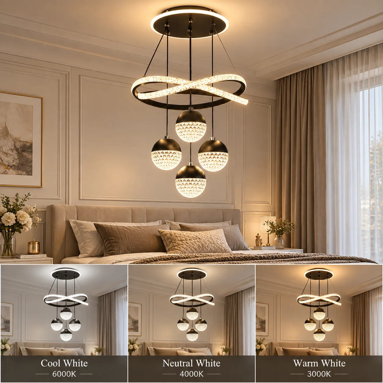 Modern LED Chandelier, 4-Sphere Suspended Pendant Light with 3 Color-Changing Modes (3000K-4000K-6000K), Wall Switch Control, Height-Adjustable Ceiling Fixture, Suitable for Home Decoration in Bedrooms, Dining Rooms, and Living Rooms.