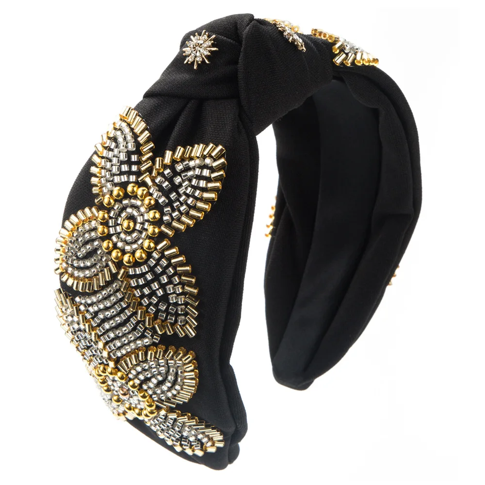 European and American New Baroque Knotted Hairband Handmade Sewing Bead Floral Headband Hair Accessories