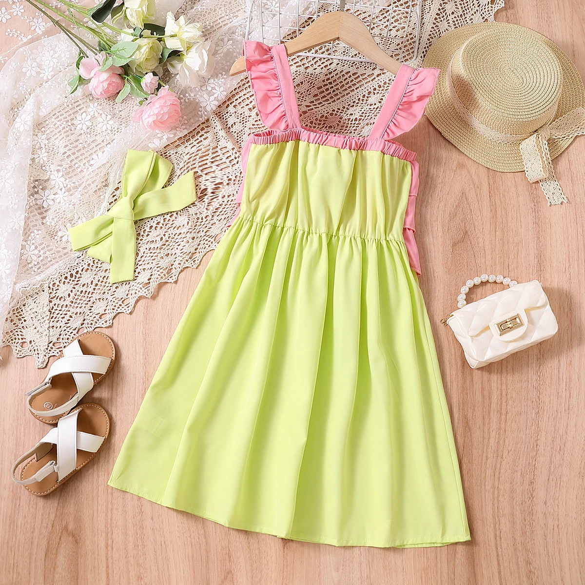Children's Pink & Green Color Block Halter Dress Multi-Layer Lace Sleeveless Princess Style Summer Holiday Cute Dress for Girls