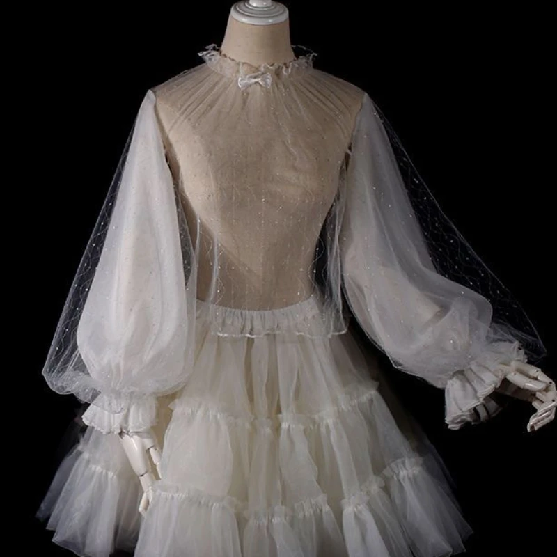 

2026 White Black Basic Lolita Chiffon Blouses Women Lantern Sleeve Blusas See Through Sweet Girls Baggy Vintage Aesthetic Tops