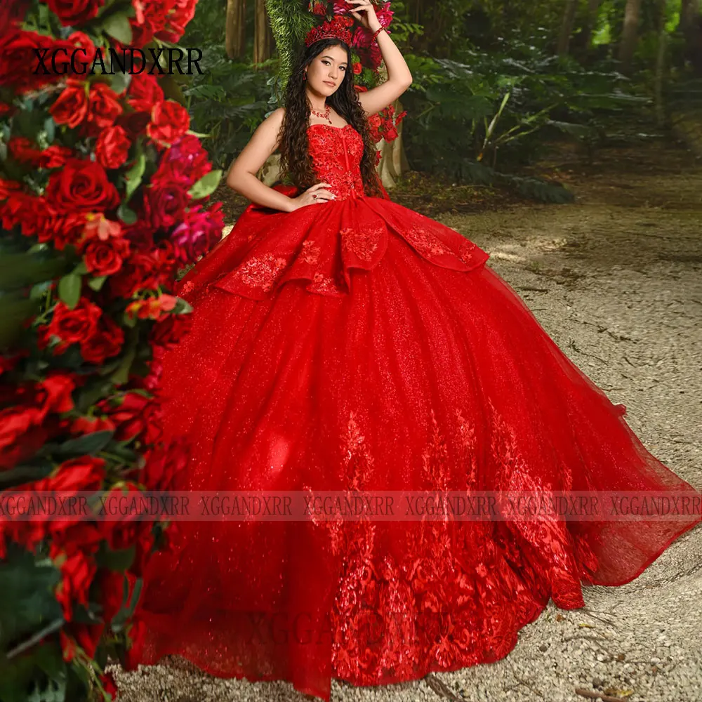 

Customized Shiny Red Lace Ball Gown Quinceanera Dress 2026 Floral Applique Layers Bow Sweet 16 Vestidos De 15 Anos Birthday Gala