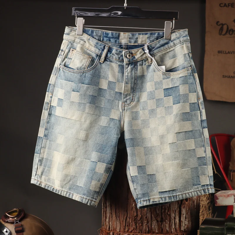 NOVEDAD DE VERANO 2025, pantalones de cinco cuartos de jacquard a cuadros a la moda para hombres, pantalones sueltos y versátiles de pierna recta de longitud media