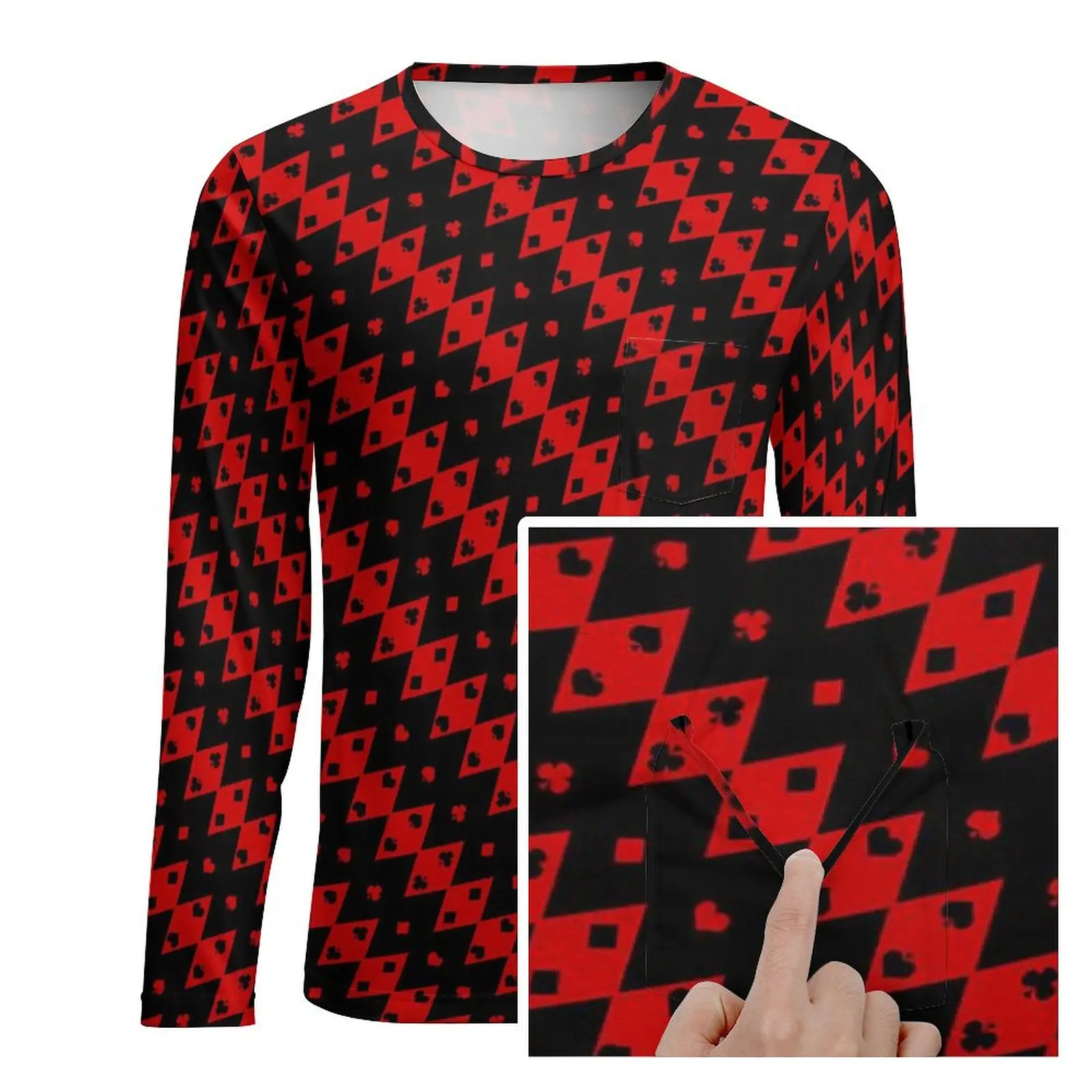 Playing Cards T-Shirt Black and Red Shapes Harajuku T Shirts With Pocket Long Sleeve Custom Tops Autumn EMO Big Size Top Tees