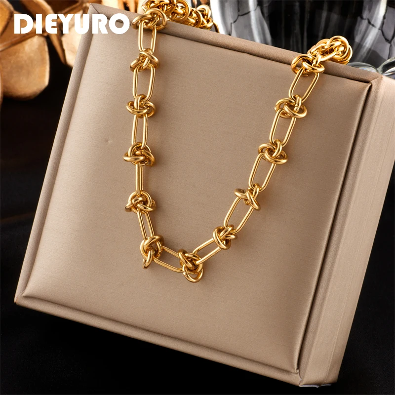 DIEYURO 316L Stainless Steel Vintage Gold Color Necklace For Women High Quality Rust Proof Link Chain Fashion Girls Party Gift