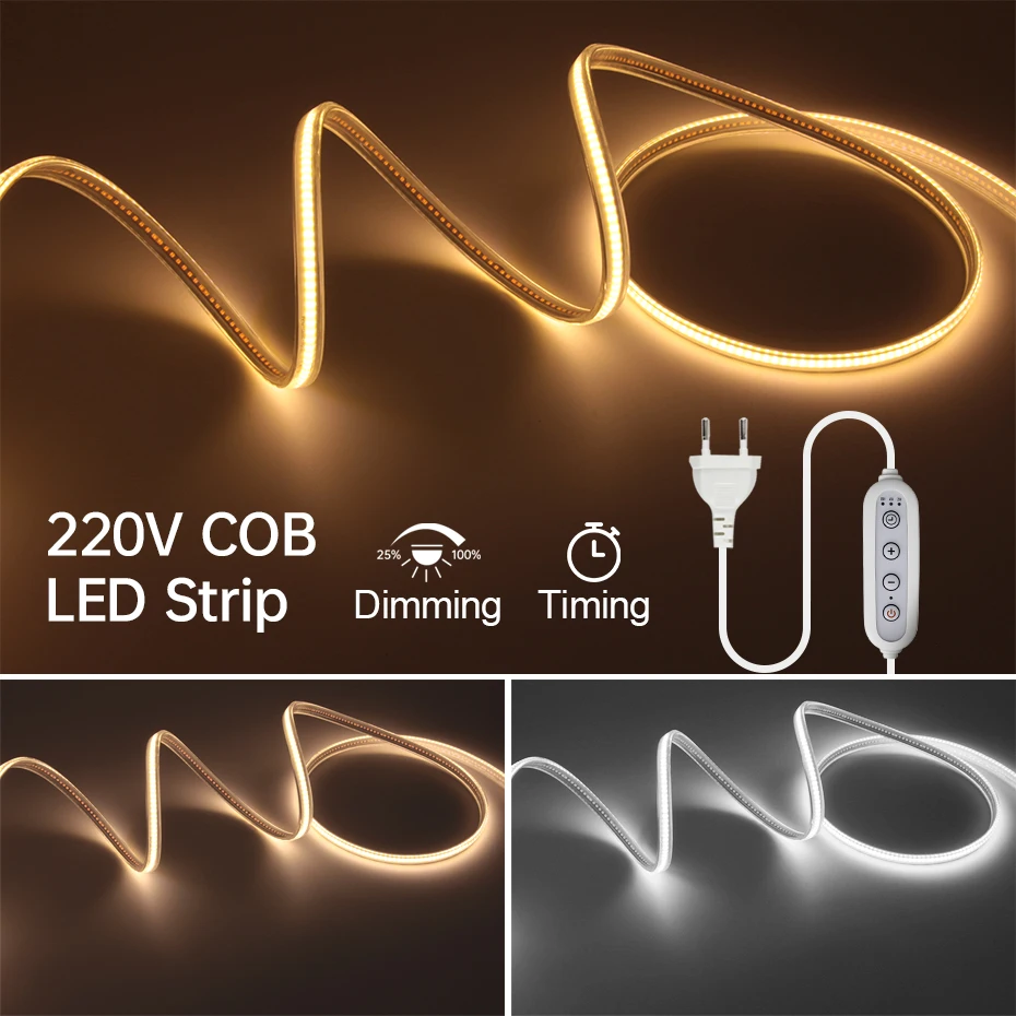 ไฟแถบ LED COB AC 220V 288LEDs/เมตร กันน้ำ IP65 แบบยืดหยุ่น พร้อมสวิตช์ตั้งเวลาหรี่แสง ปลั๊ก EU/AU/UK ความยาว 1-25 เมตร ตัดได้