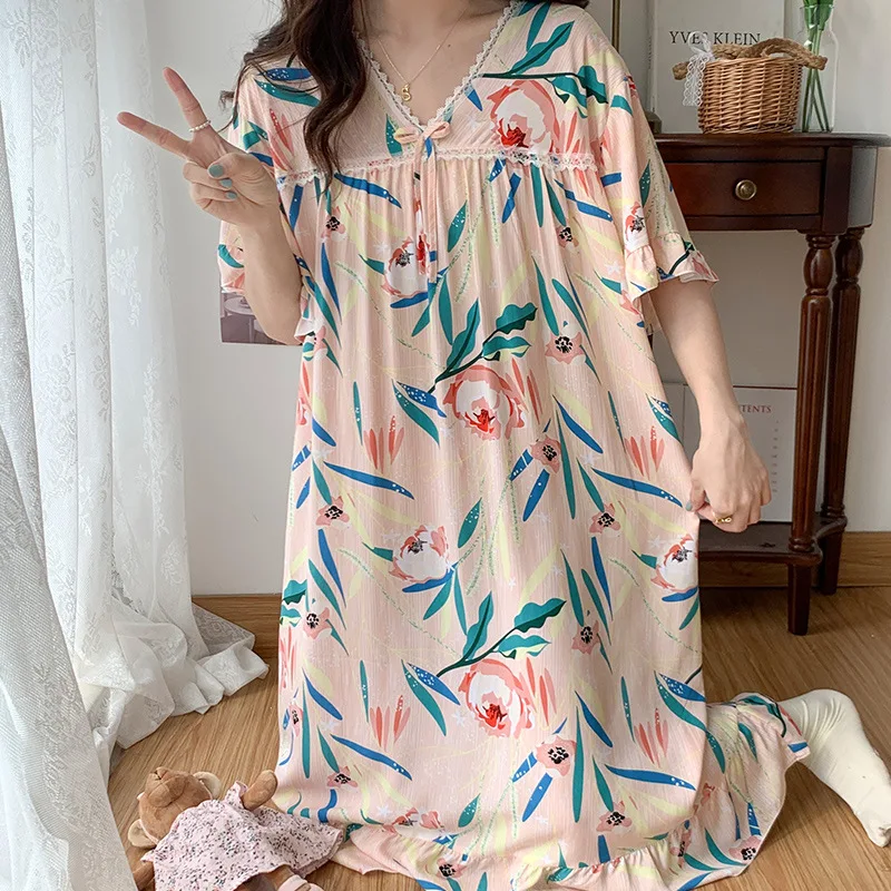 Colorful Printed Nightgown V-neck Lace Bow Tie Pajamas Cotton Silk Sleepwear Short Sleeve Dress Home Casual Clothes for Women