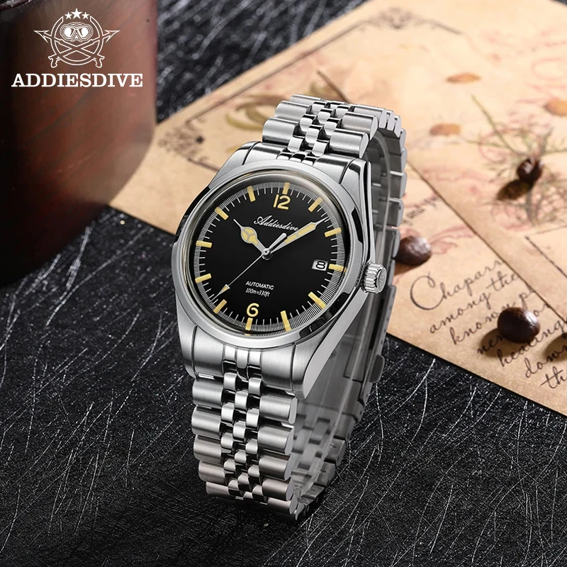 

ADDIESDIVE Fashion 39mm Men's Watch Stainless Steel NH35 100m Diver Automatic Wristwatch Bubber Mirror Luminous Mechanical Watch