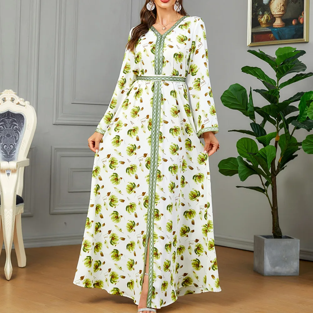 

Casual Party New Printed Split Dubai Long Dress 2024 Summer Fashion Woman Islam Robe Kaftan Muslim's Dresses