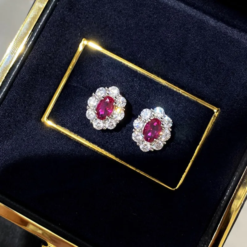 Gorgeous Female Earrings 925 Sterling Silver Oval Shaped Simulated Ruby White Zircon Earrings for Women Statement Bijoux Jewelry