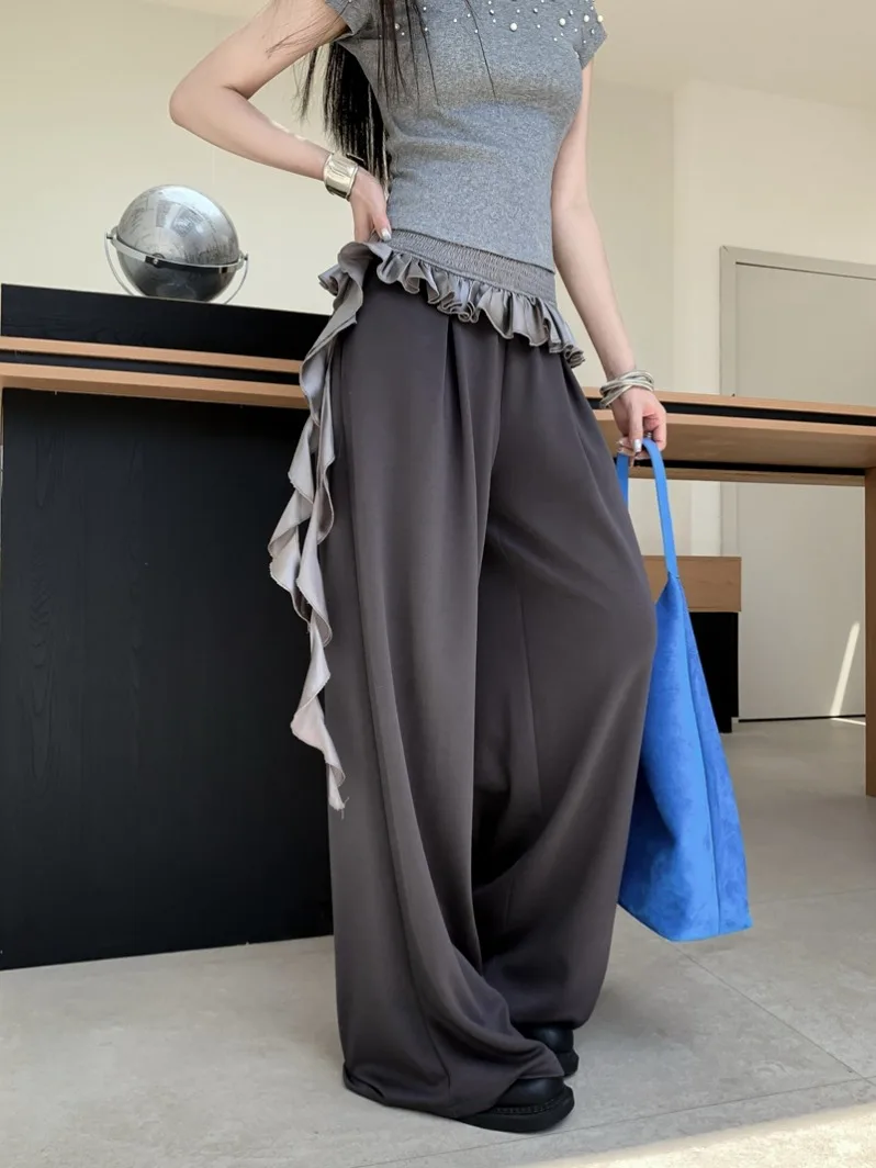 

Gray Oversized Ice Silk Wide Leg Pants Women's Summer Loose Hip Concealing Slimming Drapey Casual Trousers Straight Cut