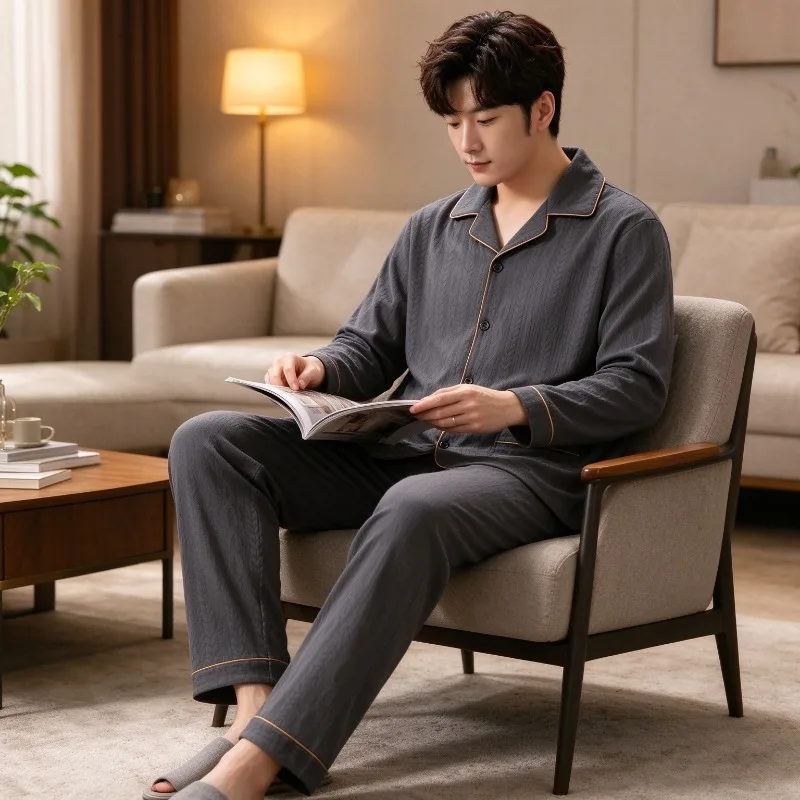 Men Pajamas 2 Piece Set L-5XL Collar Button Homewear Loose Autumn Winter New Contrast Trim Oversized Soft Sleepwear Loungewear