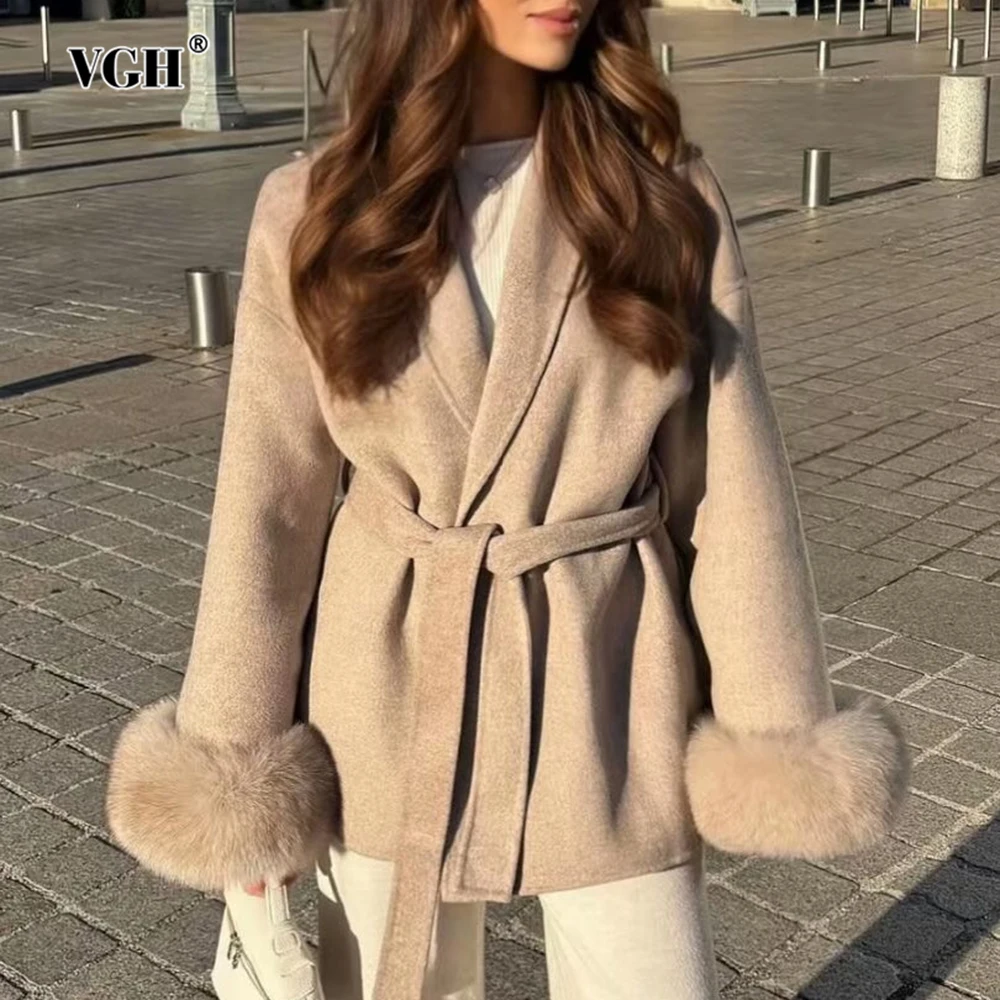 

VGH Slimming Solid Elegant Jackets For Women V Neck Long Sleeve High Waist Spliced Lace Up Temperament Jacket Female Fashion New