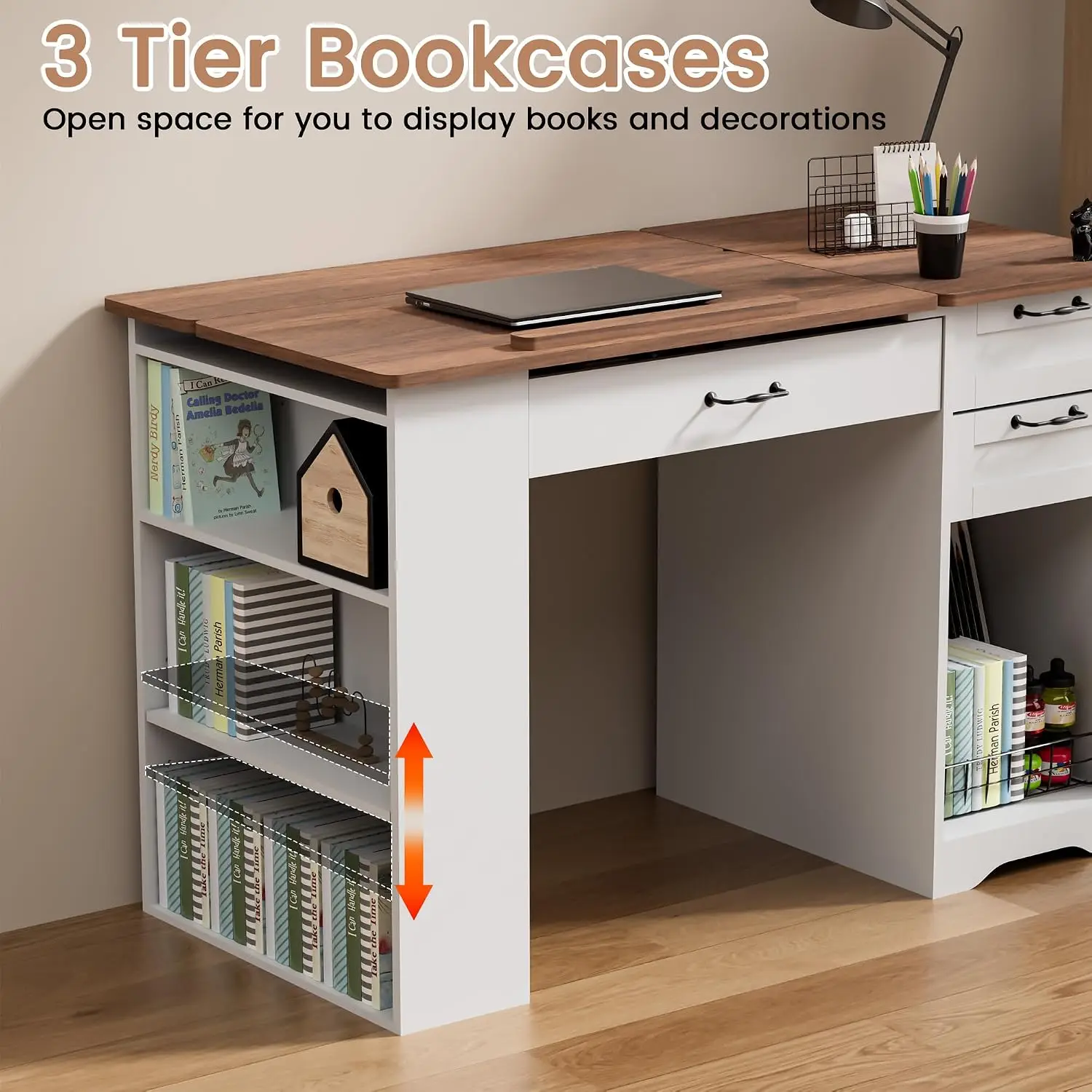 Drafting Table with Storage Cabinet & Drawers, Adjustable Drawing Table with Open Shelves, Craft Art Desk for, Customized view 6