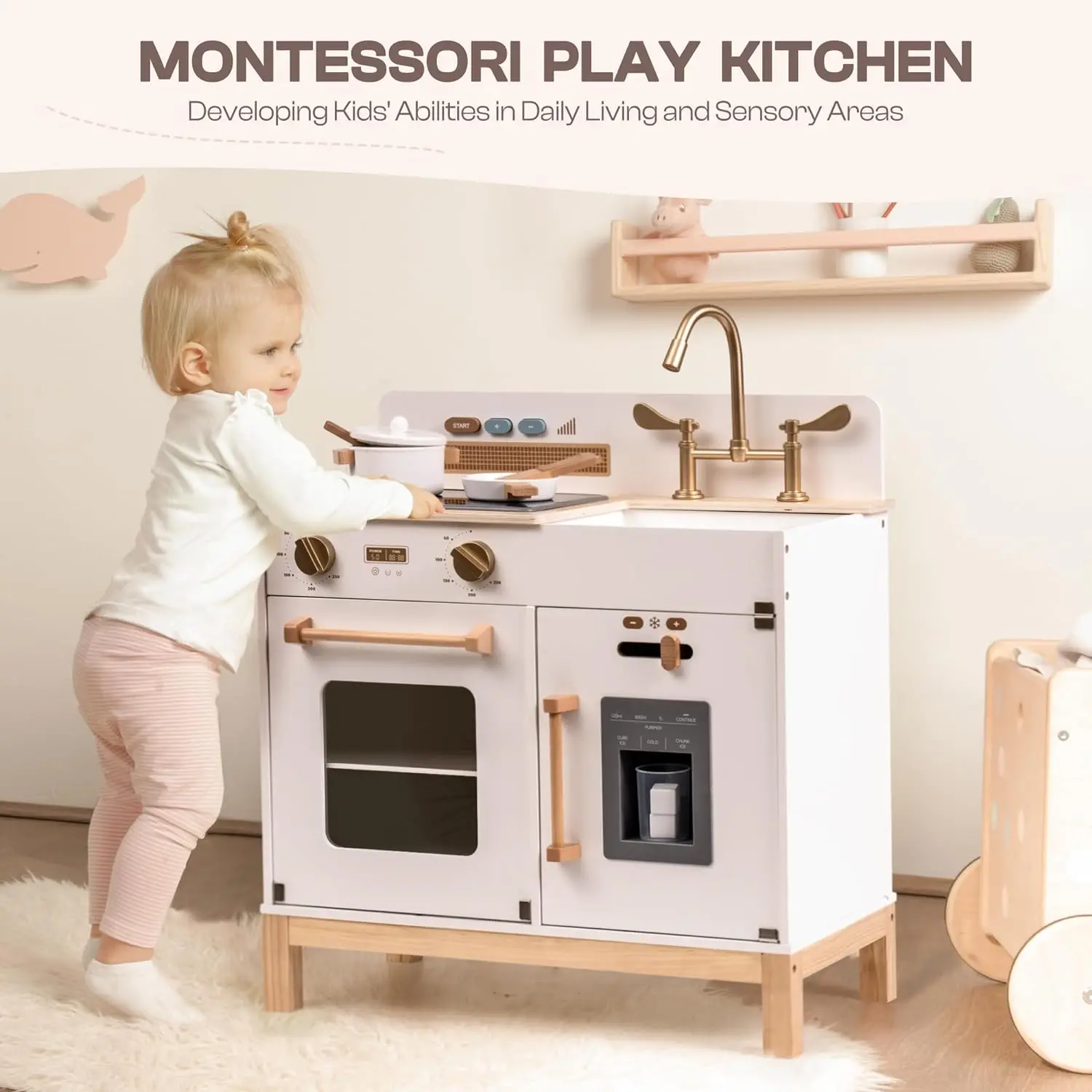 Robotime Wooden Kids Play Kitchen Playset with Real Lights Sounds/Ice Cube Dispenser Pretend Play toy Kitchen for Ages 3+