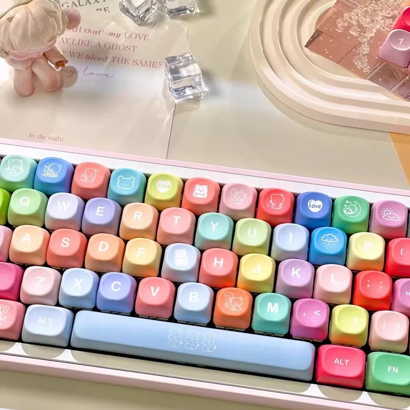 Cute Bear Themed Keycaps 133 Keys Moa Cherry Profile Pbt Thermal Sublimation Customized Mechanical Keyboard Rainbow Keycaps