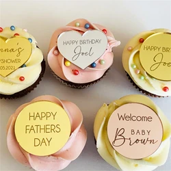 20/50/100Pcs Personalized Name Date Tag Custom Acrylic Circle Heart Cupcake Topper Tag Happy Birthday Wedding Baby Baptism Gift