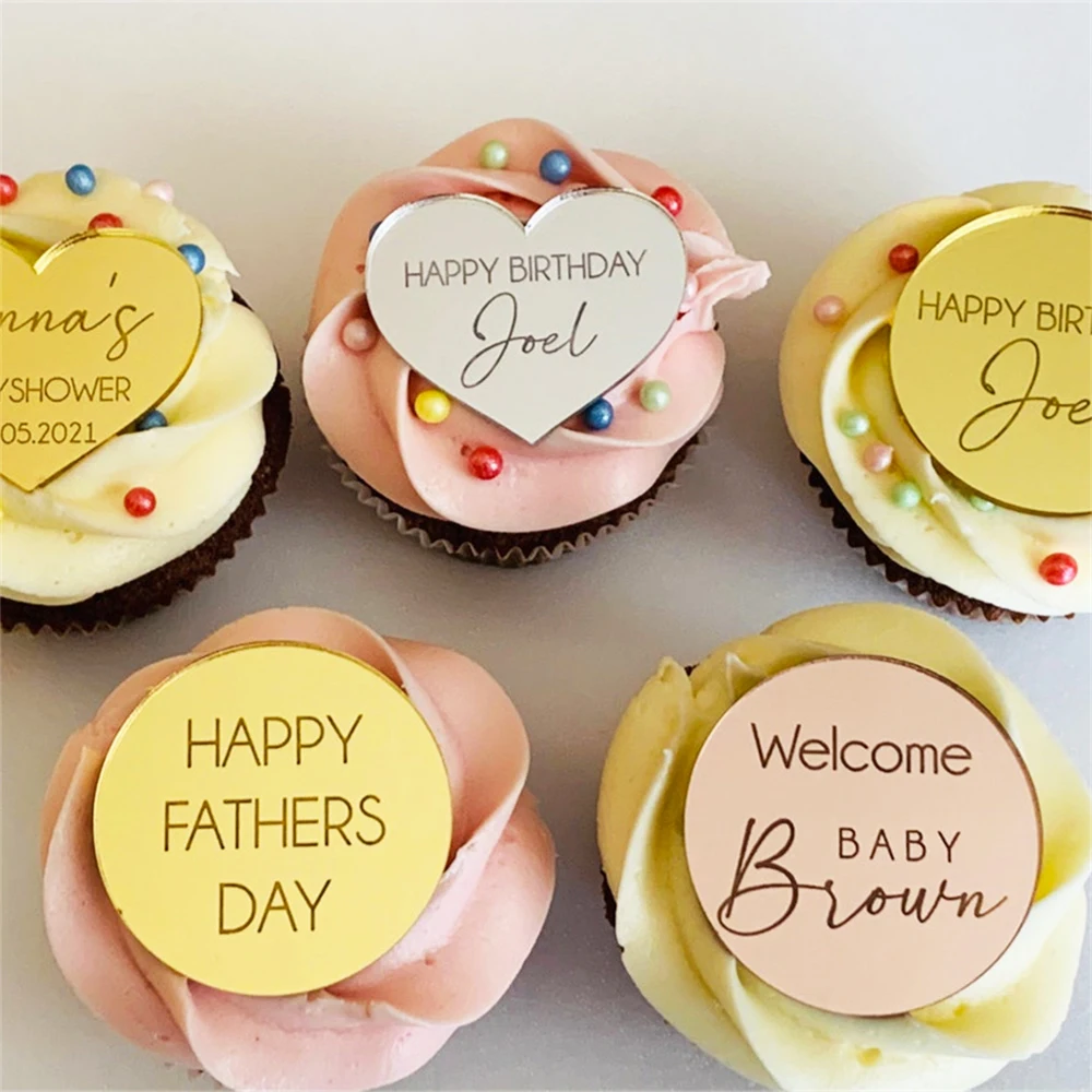 20/50/100 sztuk spersonalizowana nazwa data Tag niestandardowe akrylowe kółko serce Cupcake Topper Tag wszystkiego najlepszego z okazji urodzin ślub prezent do chrztu dziecka