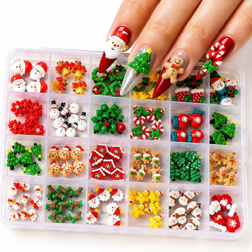 Xmas 3D Resin Flatback Nail Charms 24 Grid Box Wreath Bell Mitten Gingerbread Man Decor For Nail Salon Winter Manicure Project