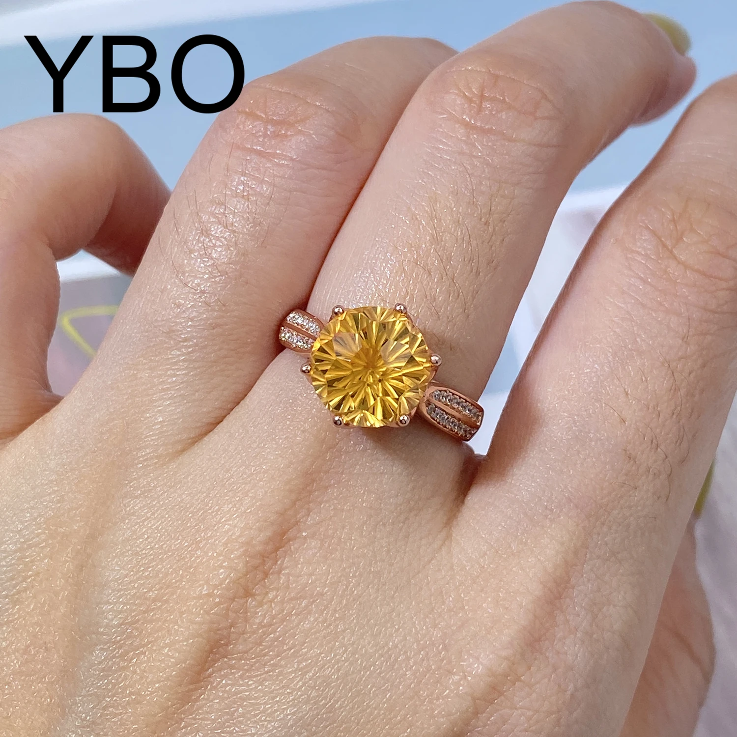 

YBO Natural Round Citrine Firework Cut Rings Women Rose Gold Plated Sterling Silver 925 Jewelry Adjustable Engagement Ring Jewel