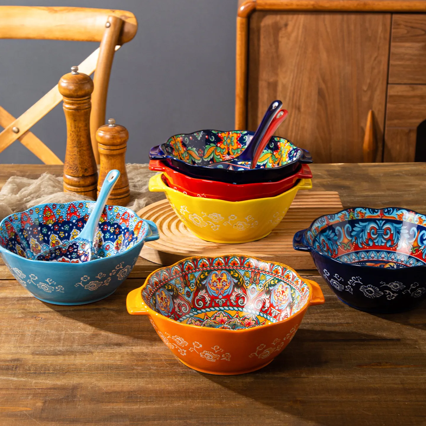 Bohemian  Ceramic Tureen or Soup Spoon Ceramic Double-Eared Soup Bowl Household Large Bowl For Soup