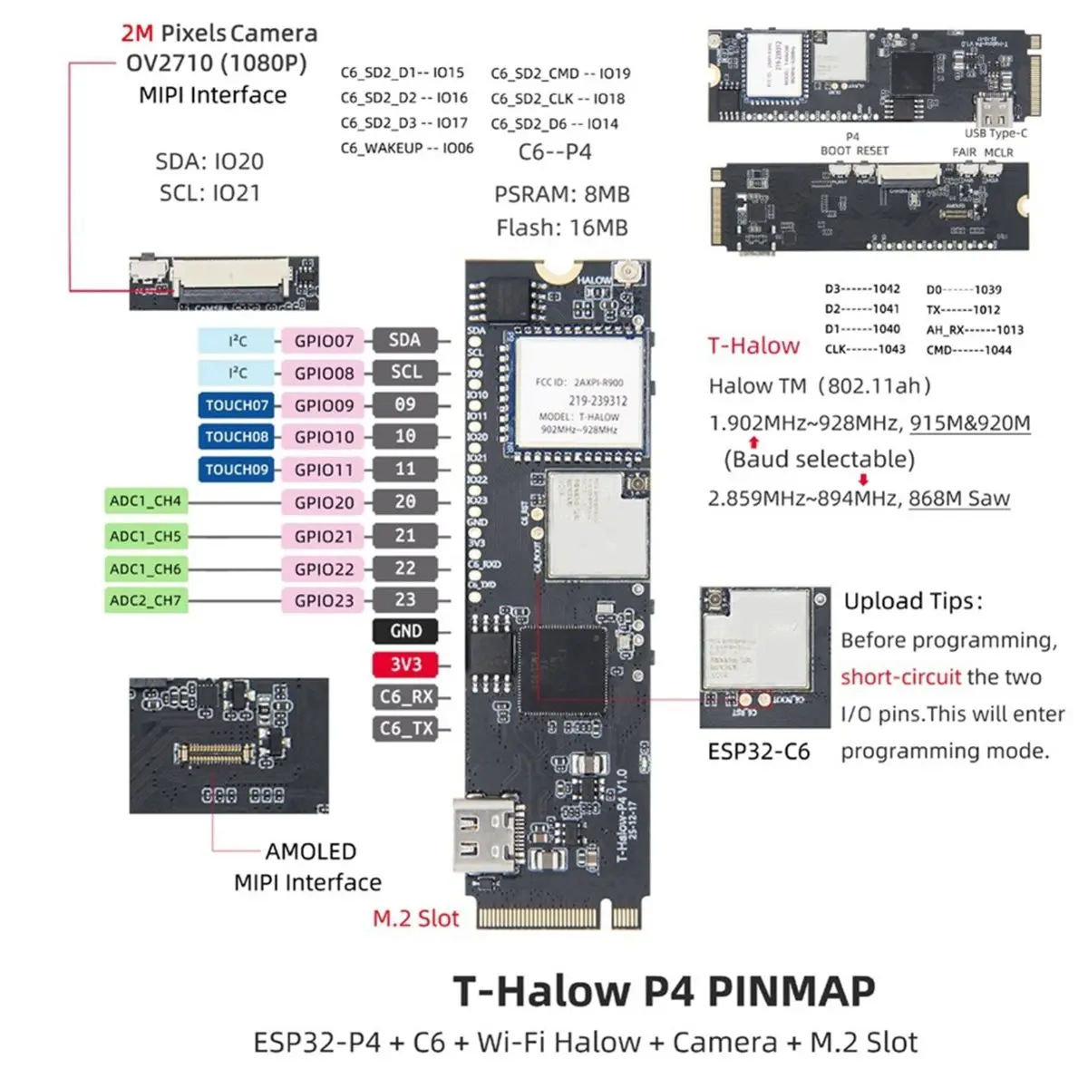 Плата разработки T-Halow P4 -P4 WiFi HaLow - модуль IoT C6 M.2 с WiFi 6, BLE 5, камерой, AMOLED-дисплеем, 868 МГц