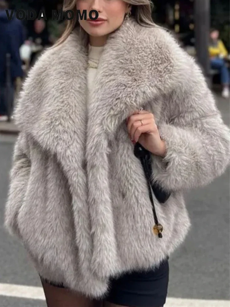 2024 New Lapel Long Sleeve Thick Warm Soft Jacket Female Chic Warm Outerwear Women's Faux Fur Cropped Jacket Coat Autumn Winter