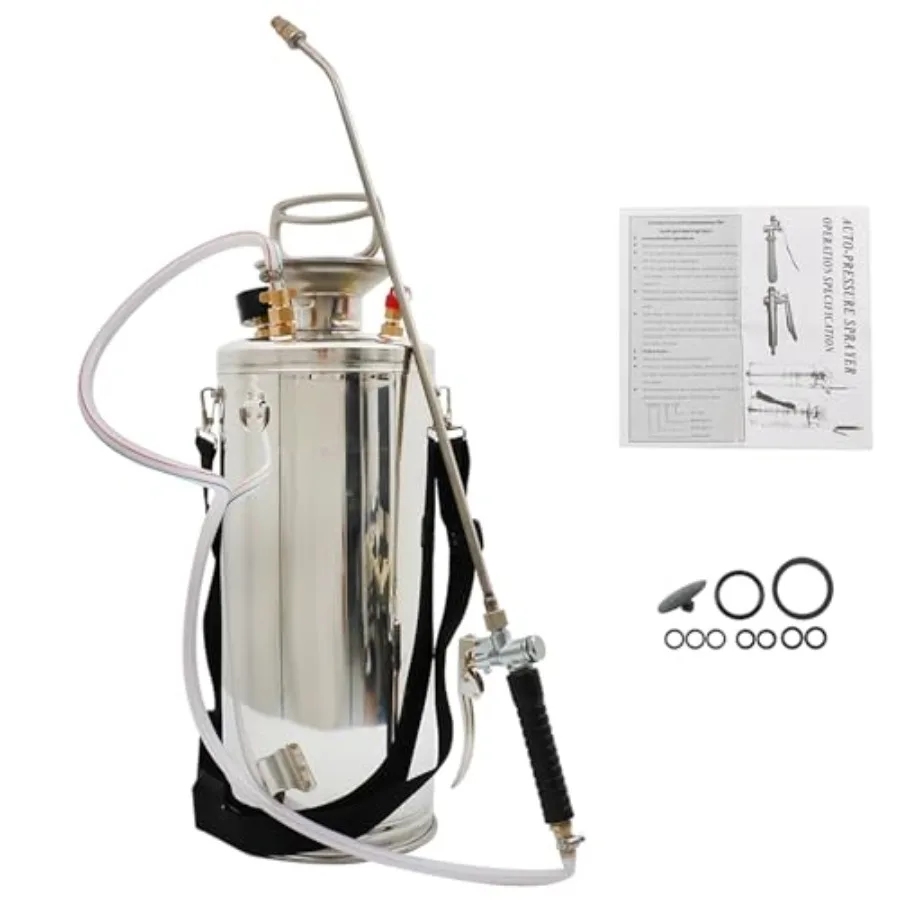 

2 Gallon Stainless Steel Sprayer 20 Wand and 3FT Reinforced Hose Heavy Duty Hand Pump Sprayer with Pressure Gauge Safety Valve