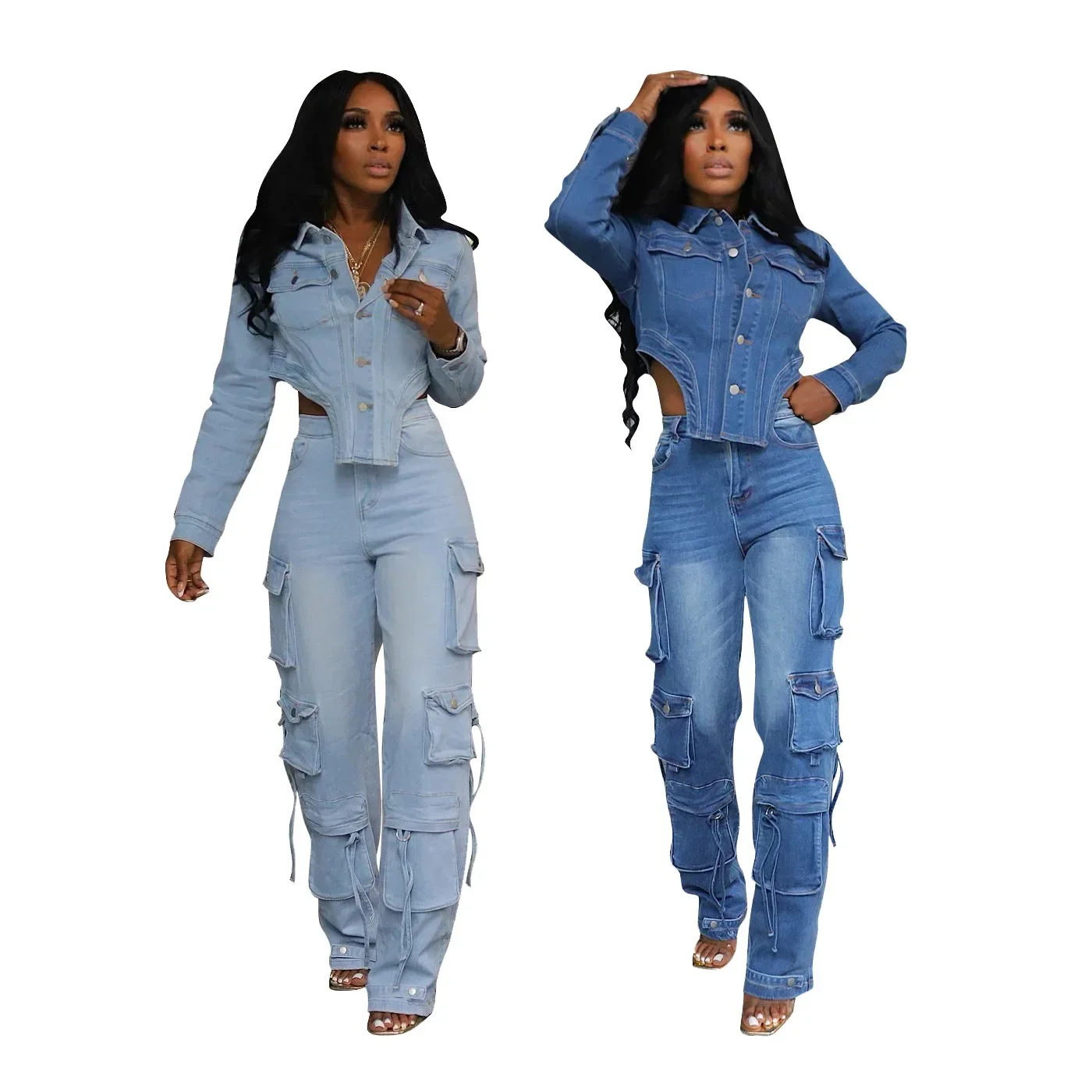 

Washed Denim Women's Set Full Sleeve Button Fly Jacket and Pockets Cargo Jeans Pants Suit 2024 Two 2 Piece Set Outfit