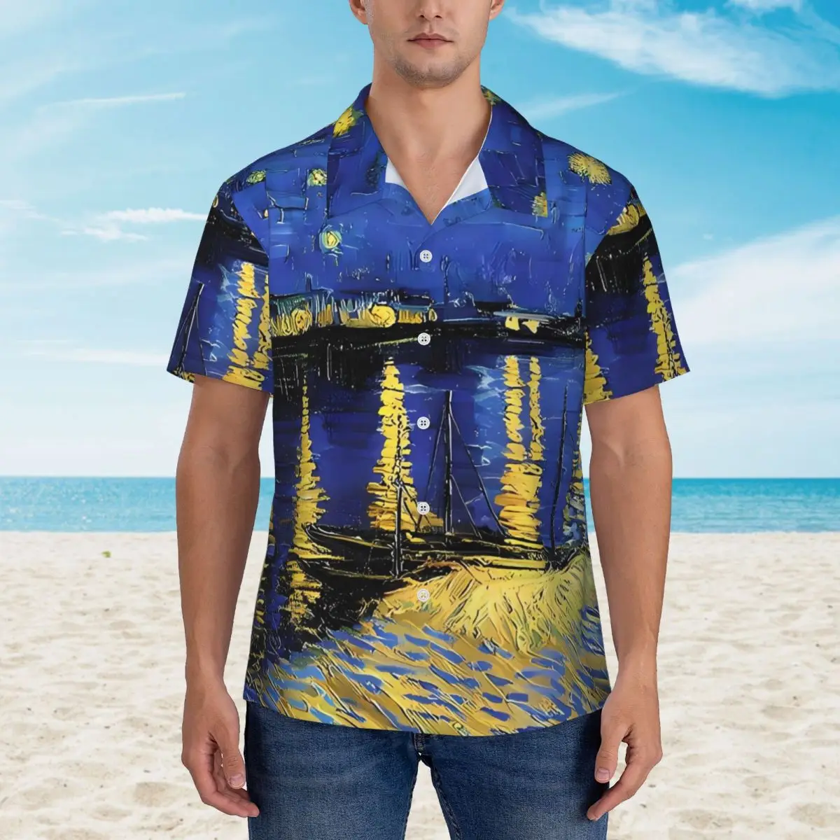 Van Gogh Beach Shirt Man Starry Night Over The Rhone Casual Shirts Summer Short Sleeve Trendy Oversized Blouses Pomysł na prezent