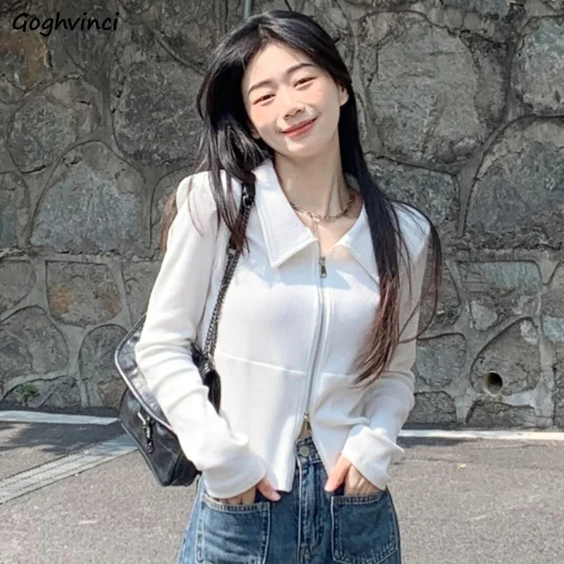 

Осенние белые футболки, женские топы на молнии, тонкие, темпераментные, милые, универсальные, классические, простые, в корейском стиле, с длинными рукавами, нежные шикарные для девочек