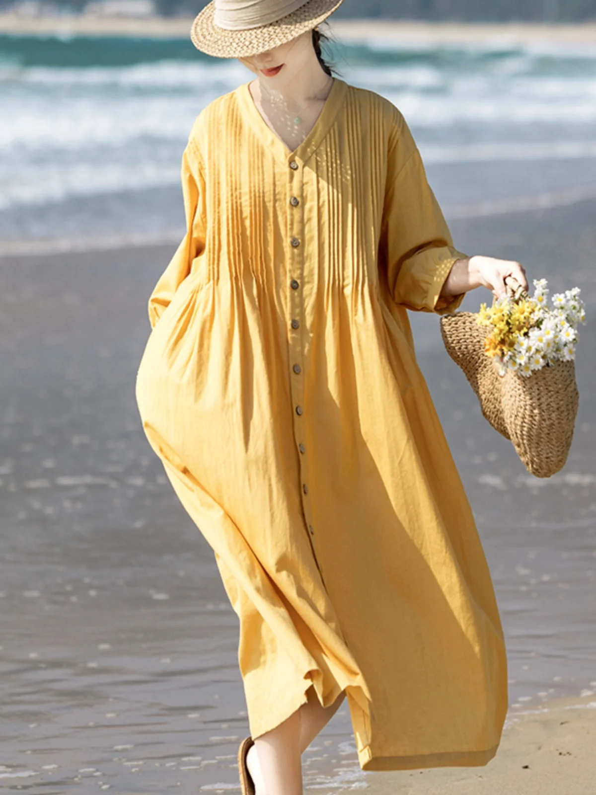 

Художественное хлопково-льняное платье длиной до колен с рукавом 3/4 для женщин в возрасте около 20 лет, весна-лето, новинка